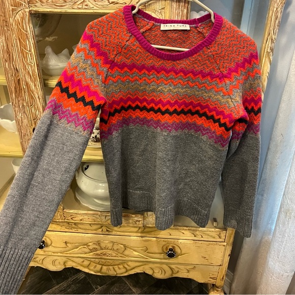Trina Turk Wool Zigzag Crew Neck Sweater - Pink, Orange, and Gray - Picture 2 of 8